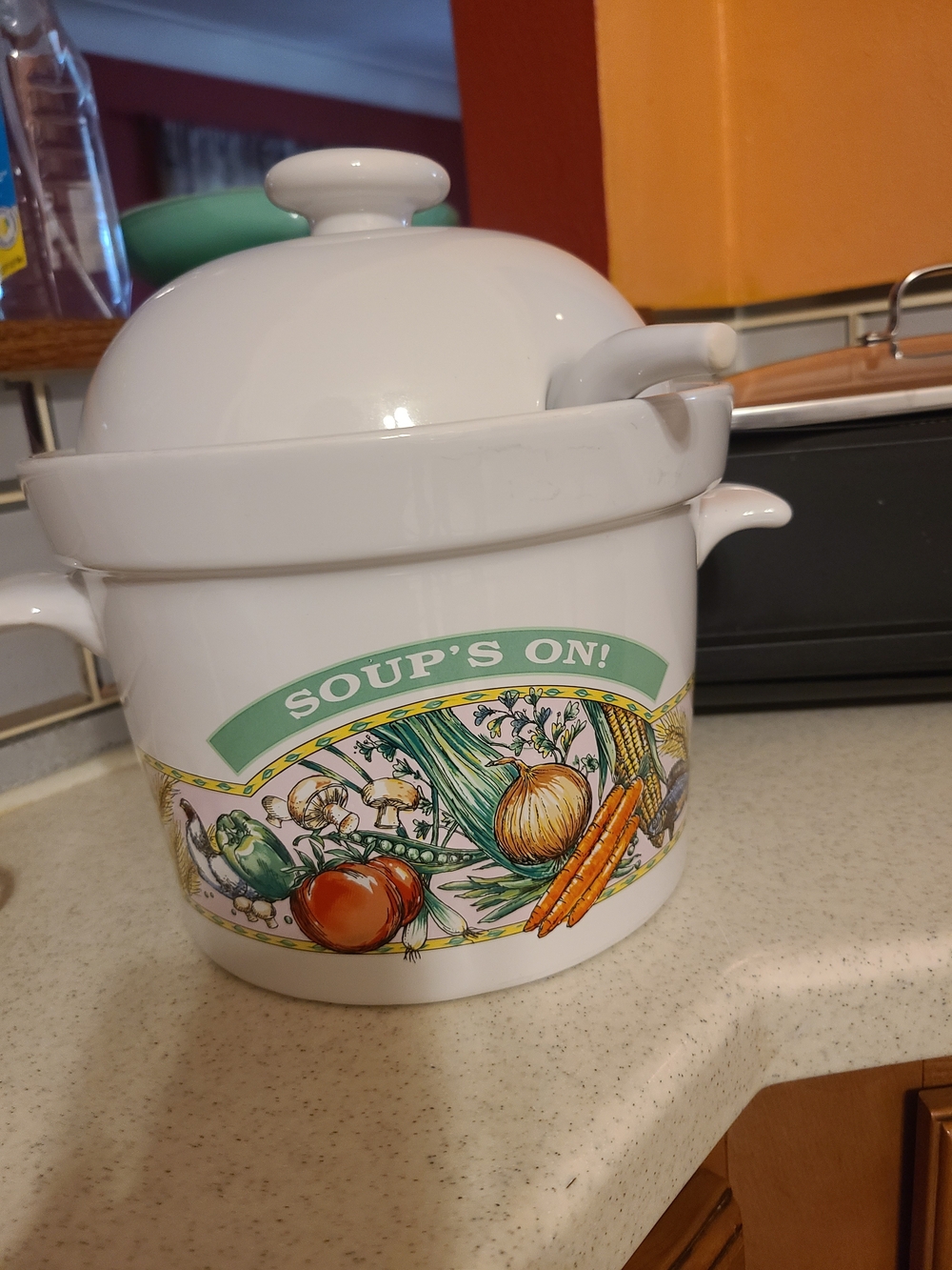 Vintage White Ceramic Soup Tureen with Colorful Vegetable Motif